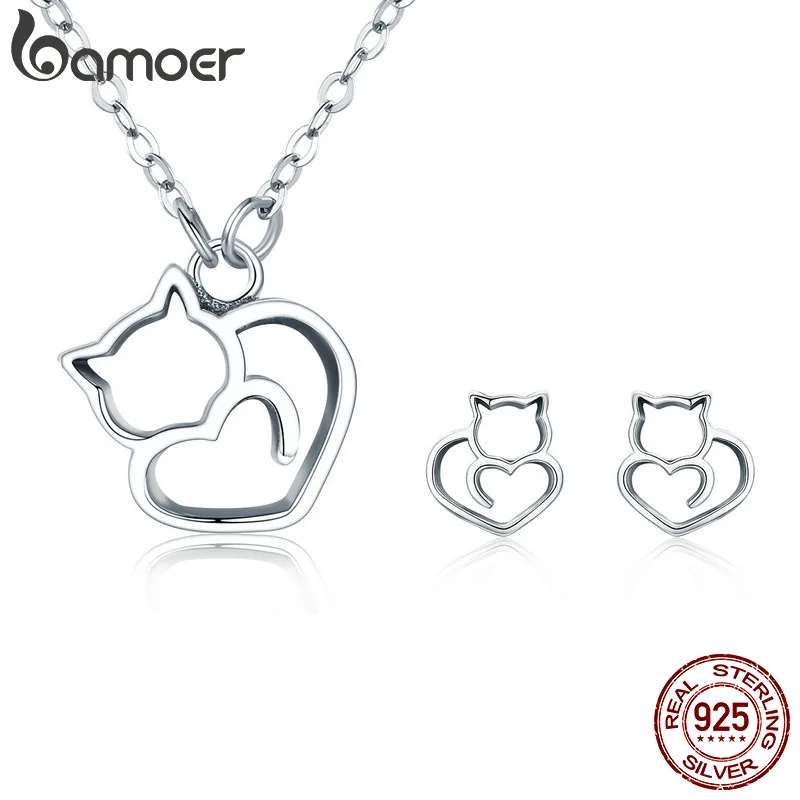 BAMOER, 925 пробы, серебряный, милый, кошечка, женский ювелирный набор, ожерелье, серьги, ювелирный набор, Стерлинговое Серебро, ювелирное изделие, подарок