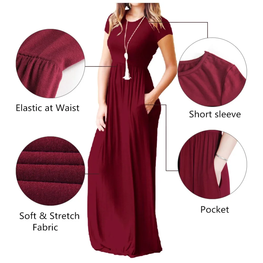 Повседневные однотонные длинные платья с карманами новое летнее Женское Платье
