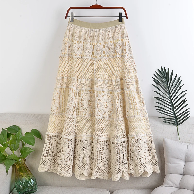 

High-Waisted Thin A-Line Large Swing Elastic Waist Wool Crocheted Hollow Air Long Skirt Autumn Winter Women 295