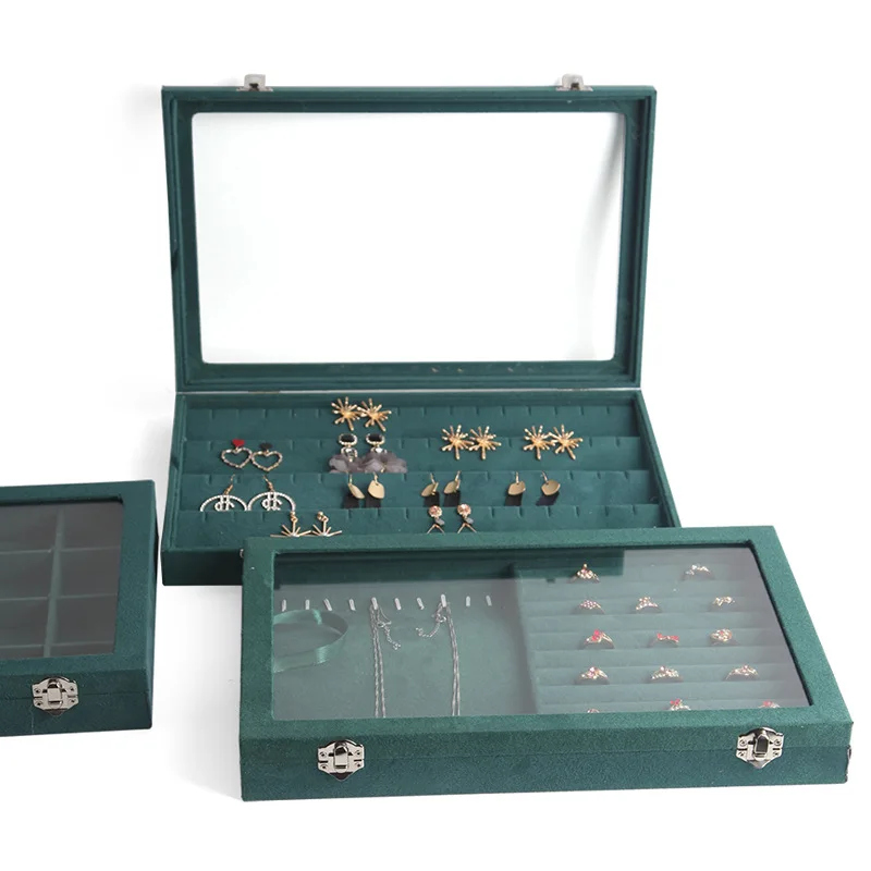 Fashion Green Style Suede Jewelry Organizer & Display With 12/14 Cells Multi-purpose Large Capacity Velvet Jewelry Box With Lock