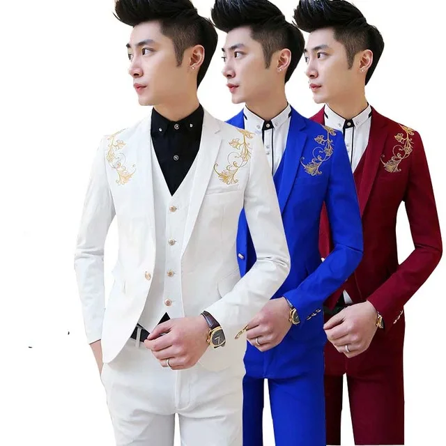 

Новые корейские мужские повседневный комплект Slim fit выпускные костюмы для мальчиков из 3 предметов мужской костюм ярко синего цвета на свад...