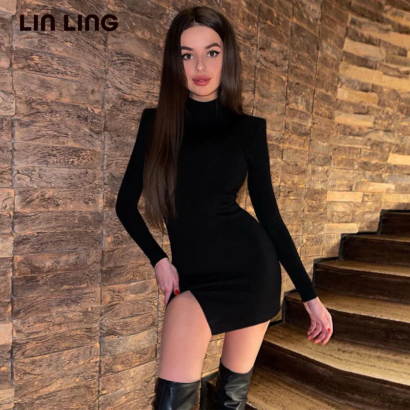 

LINLING женское зимне-осеннее платье с высоким воротником с длинным рукавом, облегающее модное сексуальное повседневное платье, женское элега...