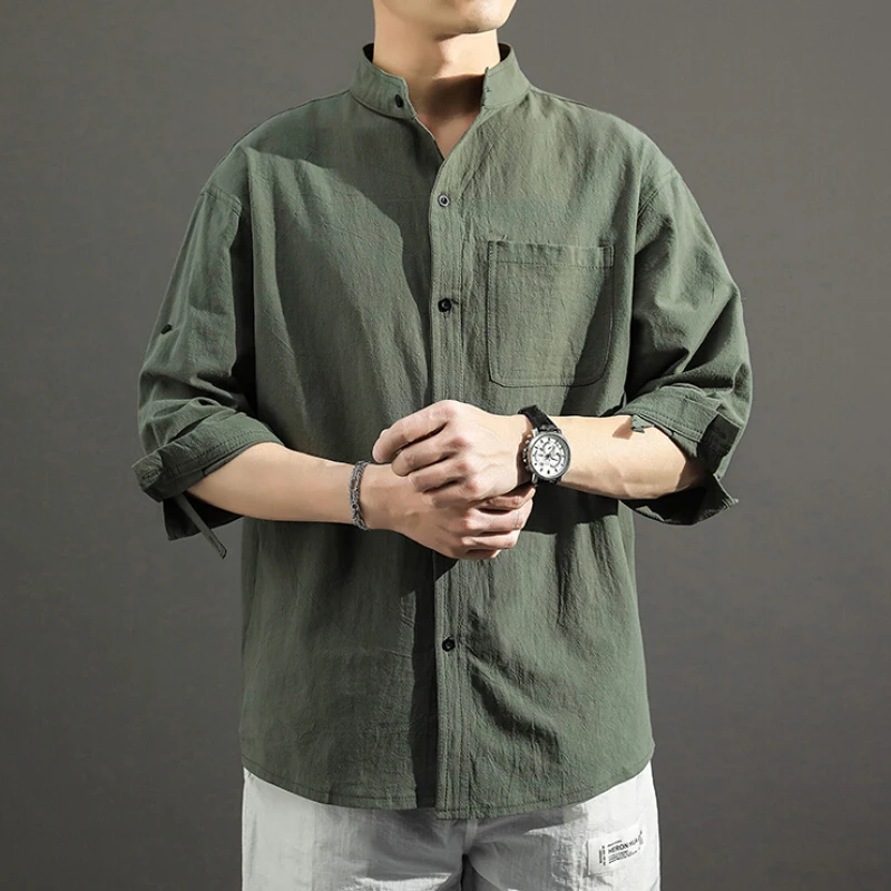 

Men's Cotton Linen Henley Shirt Plus Size 3/4 Sleeve Casual Stand Collar Button Down Shirts Tops Solid Color
