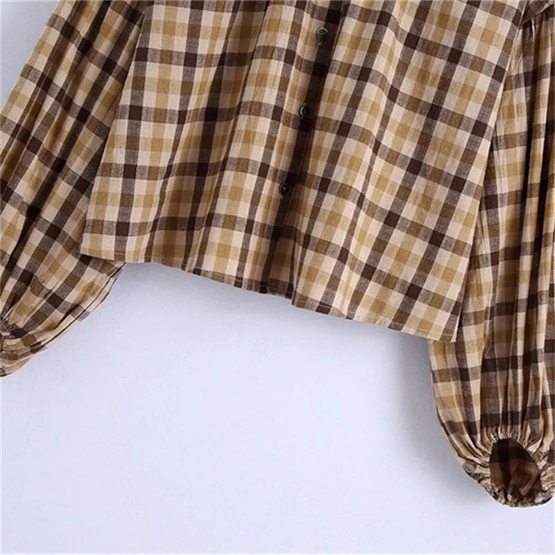 

ZXQJ Women 2020 Fashion Printed Loose Plaid Blouses Vintage Small Round Lapel Neck Puff Sleeve Female Shirts Blusas Chic Tops