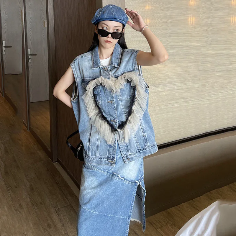 

DEAT 2021 New Spring And Autumn Fashion Casual Sweet Love Mesh Splicing Slim Sleeveless Vest Denim Top Women's SL346