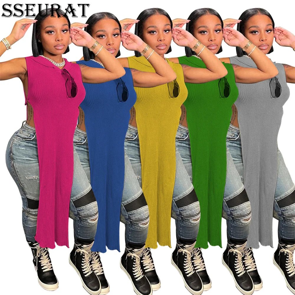 

SSEURAT 2021 Summer Women Knit Sleeveless Hooded Long Knit Blouse Streetwear Night Club Sexy Fashion Tops