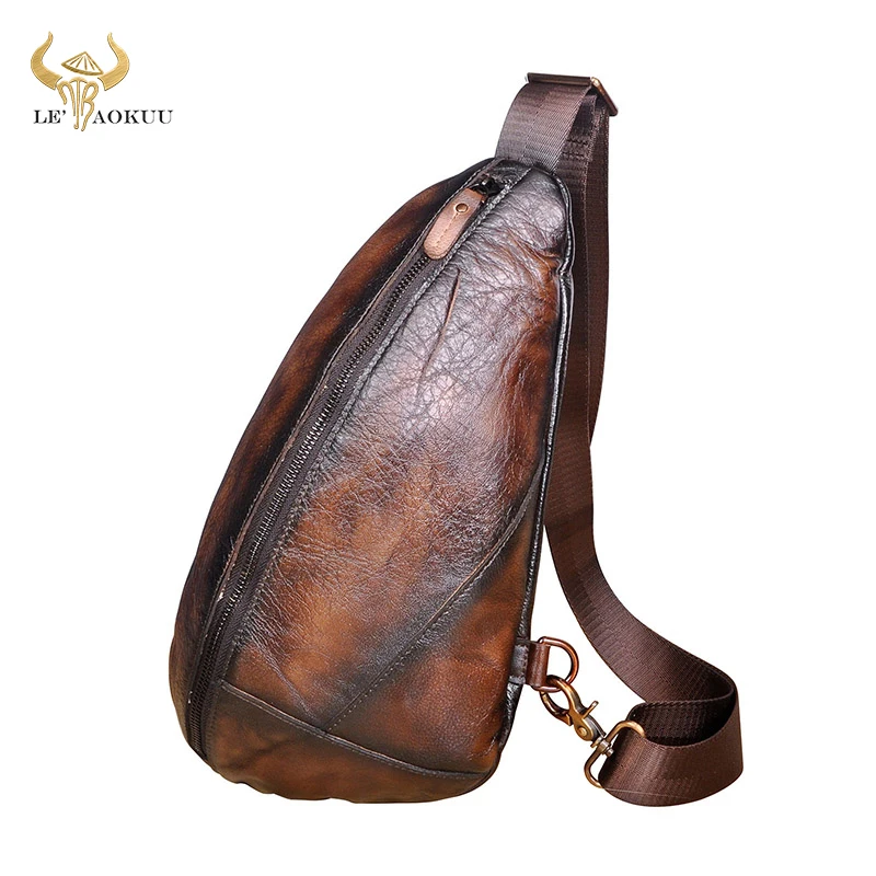 barato 2020 Homens Crazy Horse Couro Moda Tringle Peito Saco Preto Design Masculino Estilingue Crossbody Um Ombro Mochila Daypack 5059