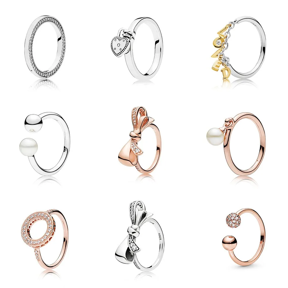 

100% 925 Sterling Silver Pan Color Ring Charms Rose Gold Bow Heart Gold Letter Loved Crystal Finger Ring Women Party Jewelry