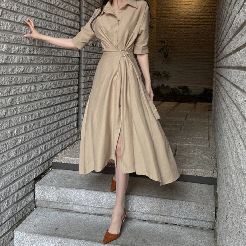 

ZCSMLL Korean summer lapel single-breasted buckle belt design loose shirt dress long dresses women 2021 summer tide