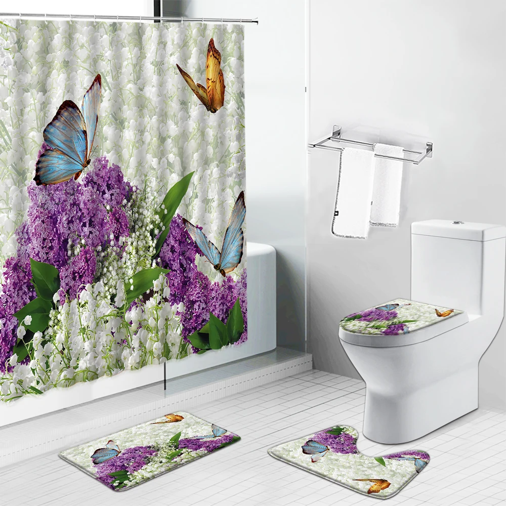 Kopen Zonnebloem Bloem Landschap Douchegordijn Cactus Paardebloem Tulp Vlinder Anti-Slip Tapijt Wc Deksel Cover Mat Badkamer Gordijn Set