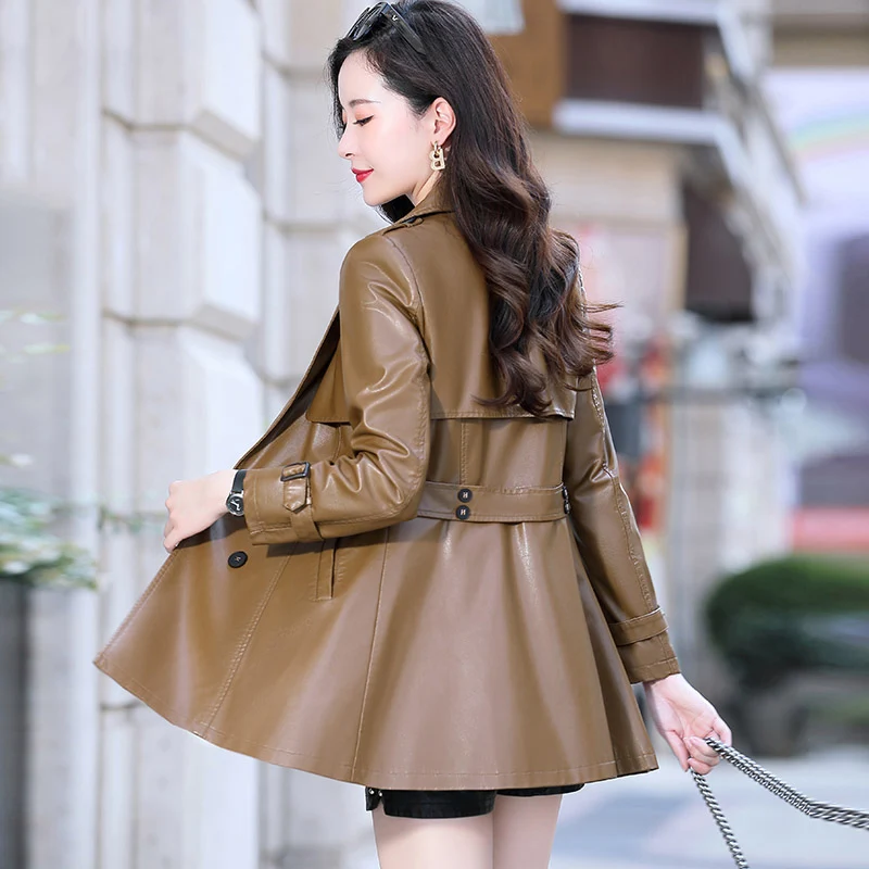 Spring Autumn Leather Suit Jacket Female Fashion Long Korean Loose Overcoat Women Casual PU Leather Windbreaker Jacket Outerwear