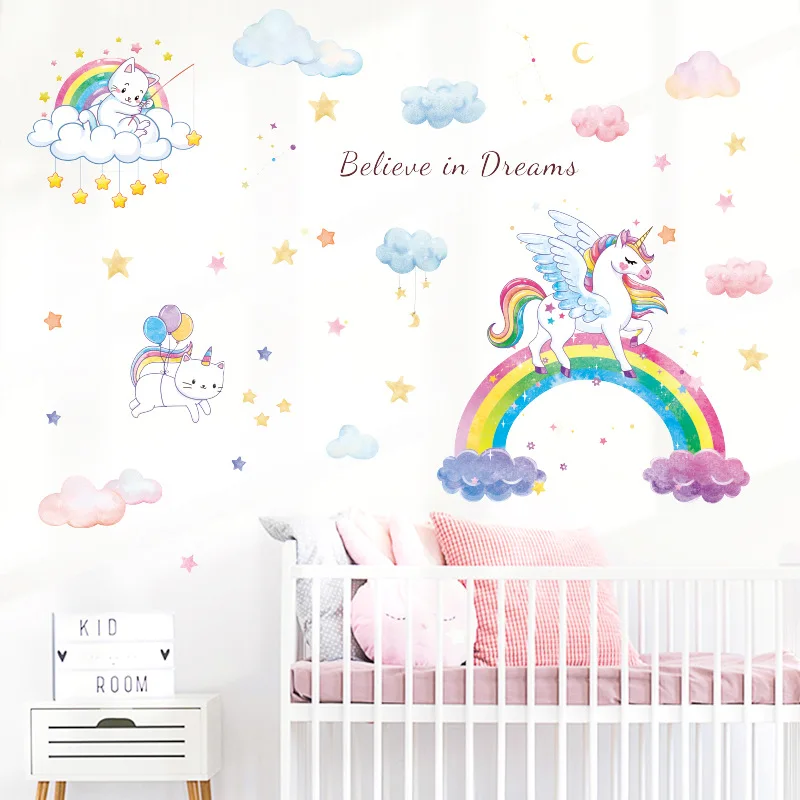 

Unicorn Rainbow Clouds Wall Stickers Home Decoration Horse Background Baby Girl Kids Bedroom Beds Heads Self-adhesive DIY Decal