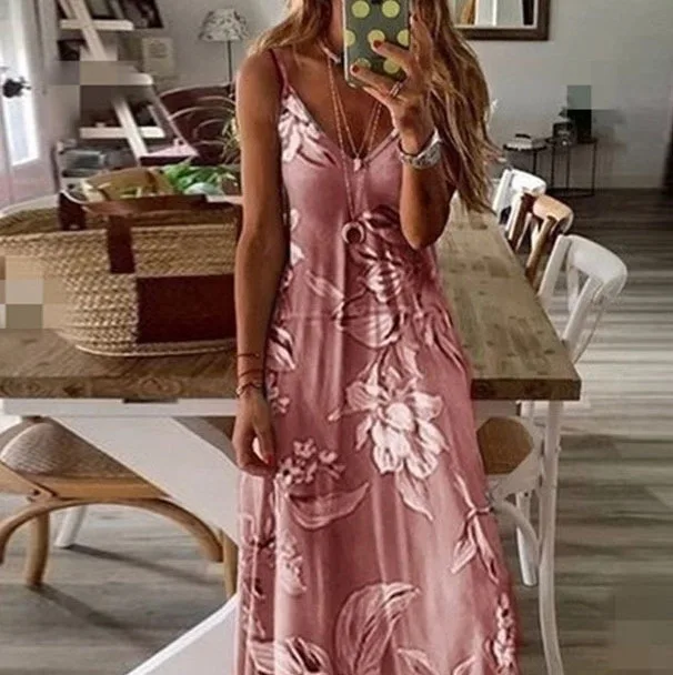 

2021 new summer women's sling V-neck print dress long skirt dresses women