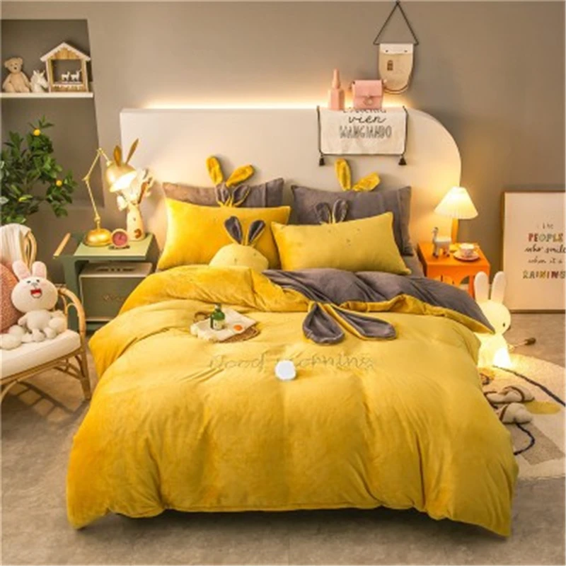 

Newest Fleece Velvet Lovely Rabbit Ears Bedding Set Warm Flannel Duvet Cover Sets Pillowcases Bed Sheet Twin Queen King size