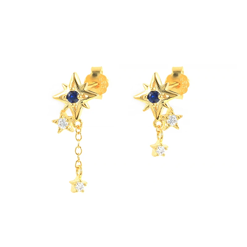 

GS 925 Sterling Silver Fashion Mismatched Earrings Blue Zircon Star Short Chain Earrings White Crystal Star Charm Ear Studs