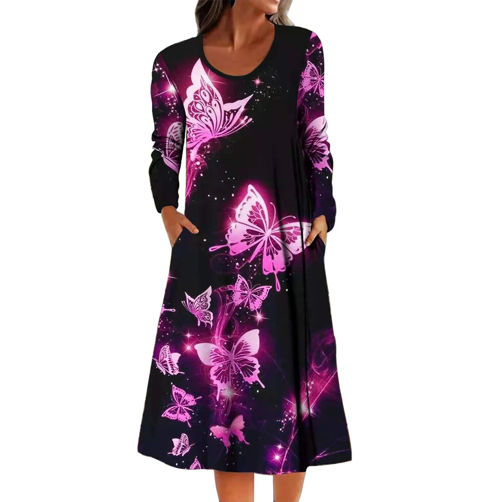 

Платье-миди с длинным рукавом, цветочным принтом и круглым вырезом