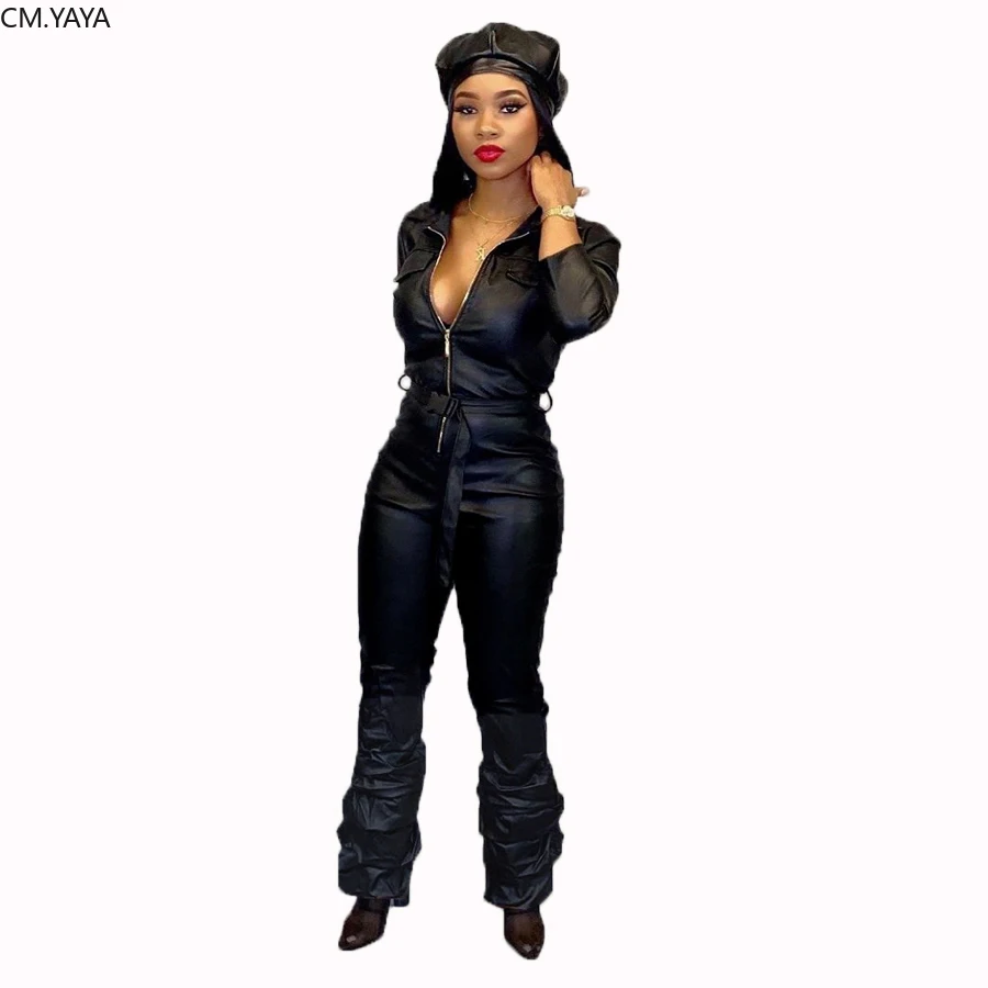 Женский зимний комбинезон из ПУ кожи с отложным воротником на молнии длинным