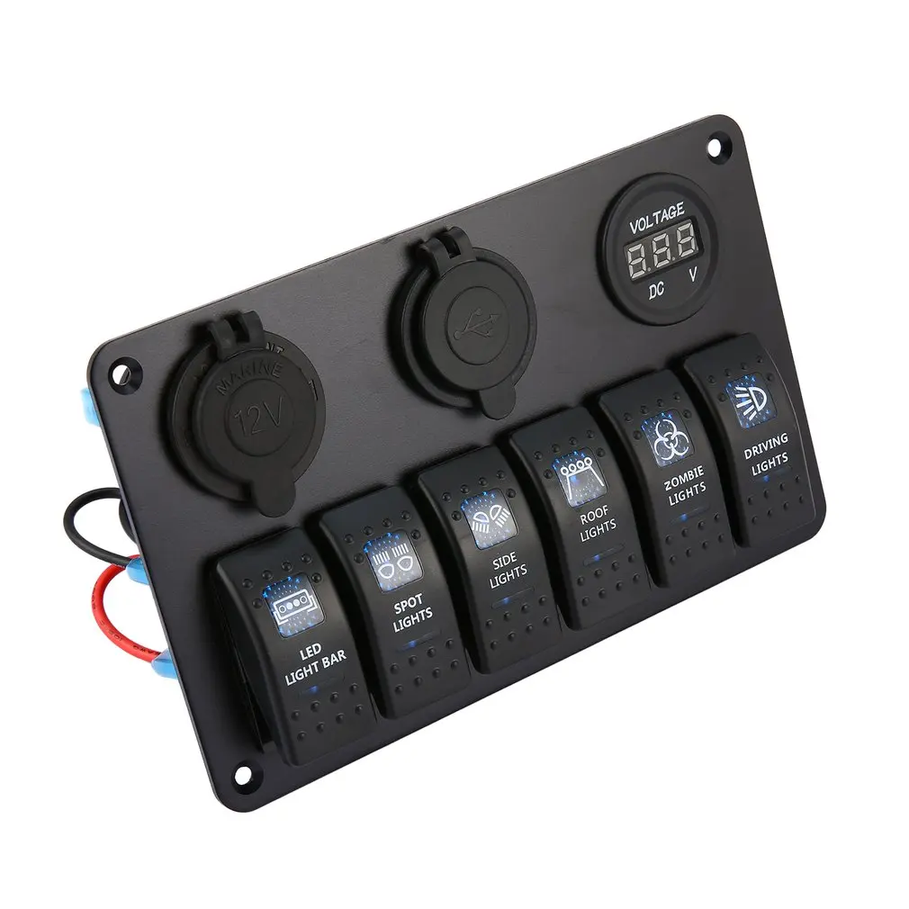 6 Gang Waterproof RV Car Marine Boat Circuit Breaker LED Rocker Switch Panel Dual USB Charger Cigarette Socket | Автомобили и