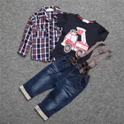 Комплект одежды для мальчиков Hooyi, 3 шт., клетчатая рубашка, подтяжки, джинсы, брюки, костюм, пожарная машина, топы, футболка для детей, брюки, комбинезон