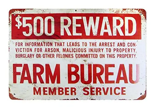 

Metal Sign Board $500 Reward Farm Bureau Tin Metal Sign 12x8 Inches