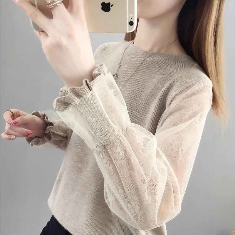 

2020 Spring and Autumn New Mesh Knitted Sweater Loose Lazy Wind Top Lantern Sleeve Lace Bottoming Shirt Women