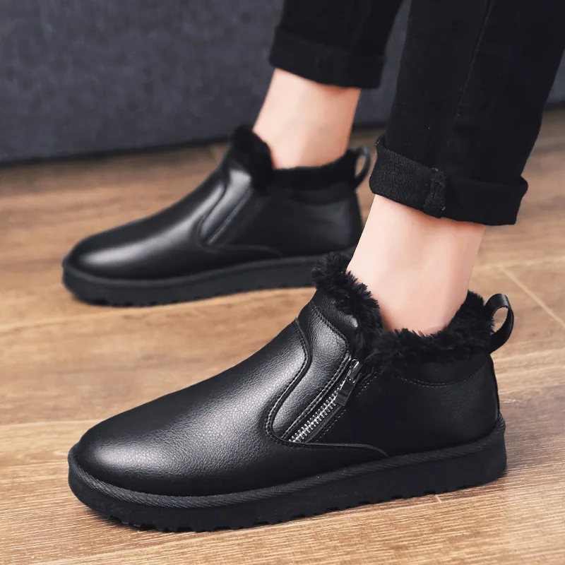 

2021 Men's Leather Boots Winter Snow Shoes for Men Plush Warm Inner Non-slip Black Ankle Boots Cozy Furry Shoes Botas Hombre