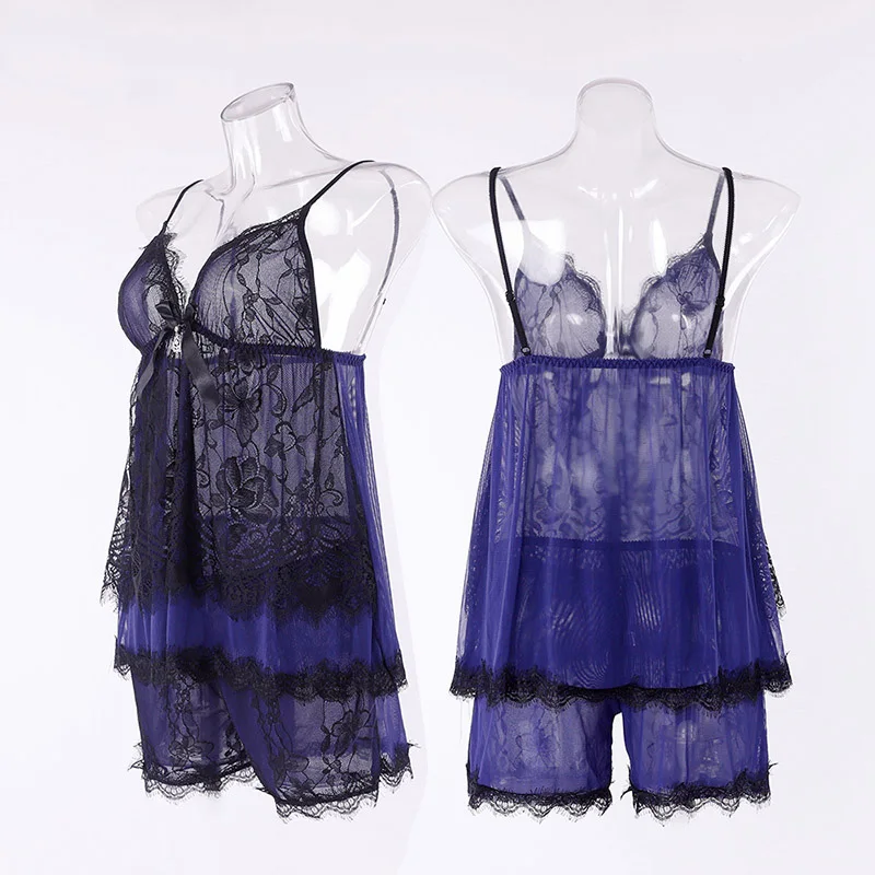 blue Пижама женская домашняя одежда ночнушка ночная сорочка пижамы женские сексуальные прозрачные женские пижамные комплекты летний кружевной спальный костюм Шелковая пижама женское белье пижамы Ночная рубашка - Цвет: blue