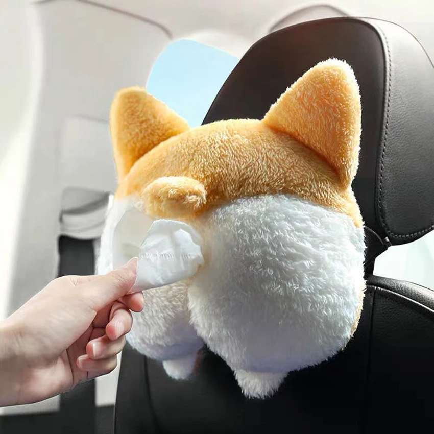 

Short Plush Car Back Seat Headrest Hanging Tissue Holder with Elastic Band, Multi-use Zipper Car Tissue Paper Holder Decoration