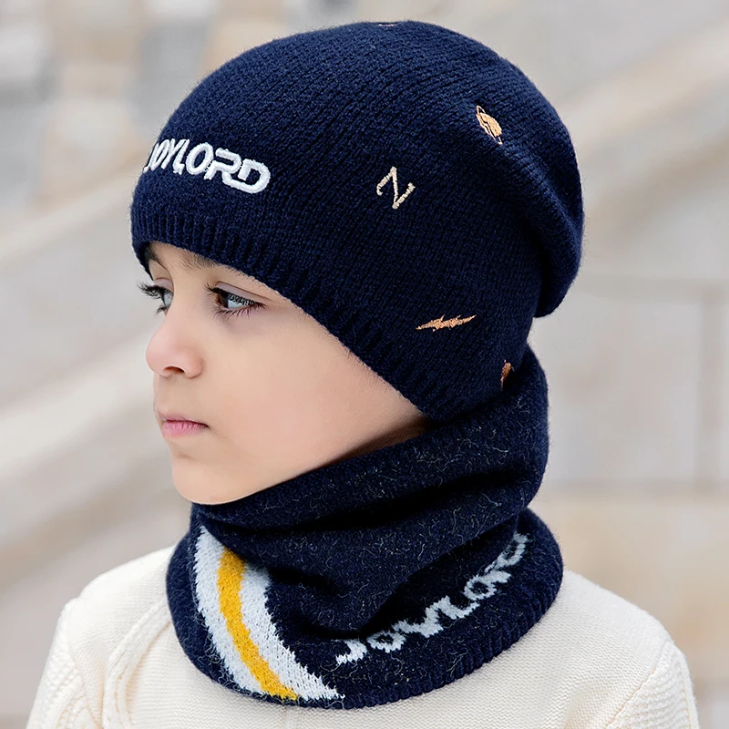 

2pcs winter hats children plush knitted hat scarf set boy cute beanies ski warmer ear protection cap Fleece thicken chapeu