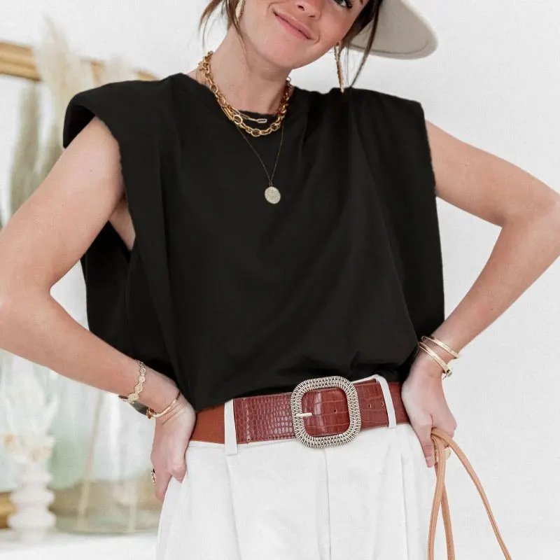 

Women Summer Sleeveless T-shirt Ladies Shoulder Pads Tee Casual Top BMF88