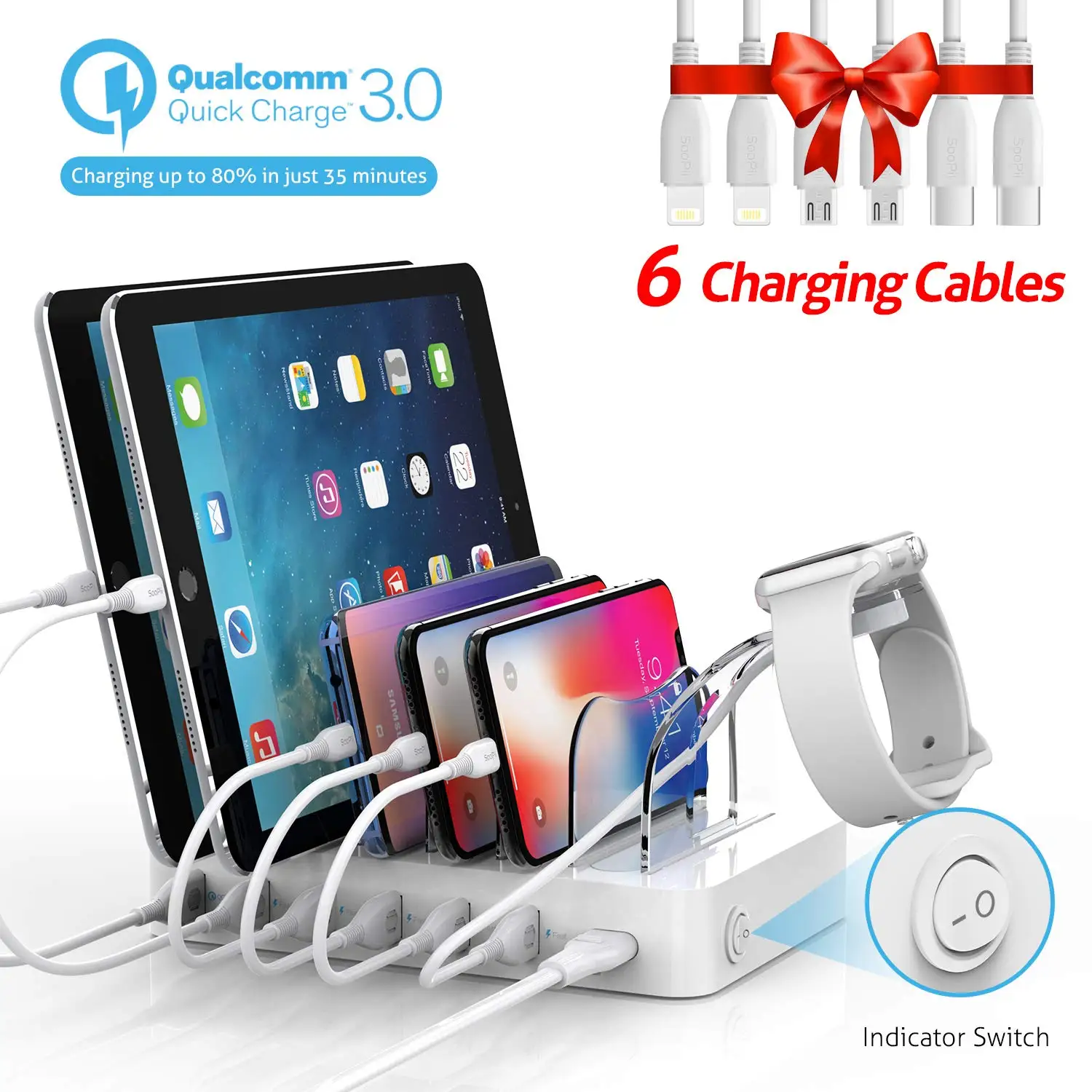 Soopii Quick Charge 3,0 60 W/12A 6-портовая зарядная станция usb для нескольких устройств, 6 кабелей в комплекте(2 IOS 2 Micro 2 type-C