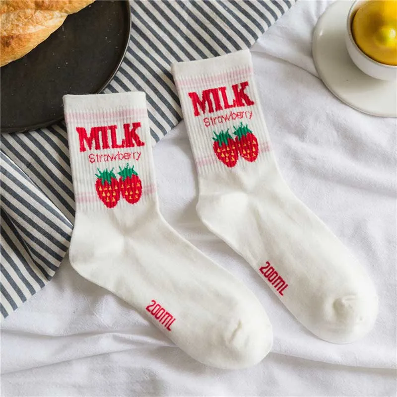Japanese Harajuku Funny Kawaii Jacquard Cute Fruit Strawberry Milk Pinky/White Women Socks Creative Calcetines Mujer Skarpetki | Женская