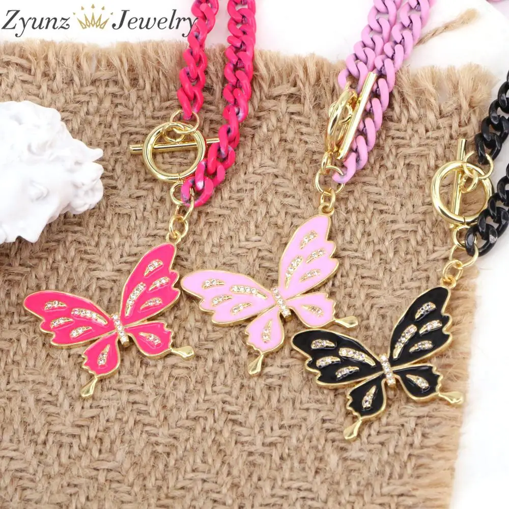 

5PCS, Beautiful CZ Butterfly Pendant Necklace Chunky Enamel Twisted Curb Chain Collar Female Toggle Clasp Accessory Jewelry New
