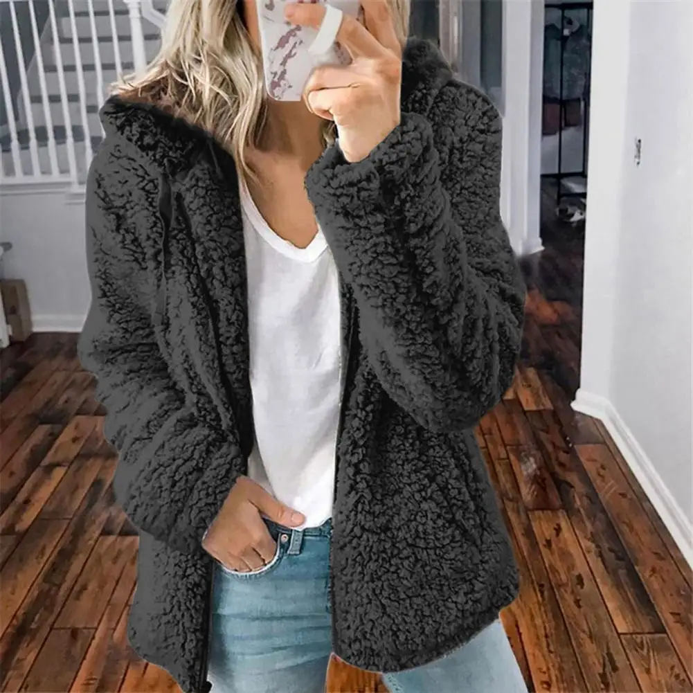 

Stylish Simple Zipper Closure Plush Fleece Coat Autumn Winter Hooded Solid Color Warm Jacket Coat Outerwear Elegant Winter Coat