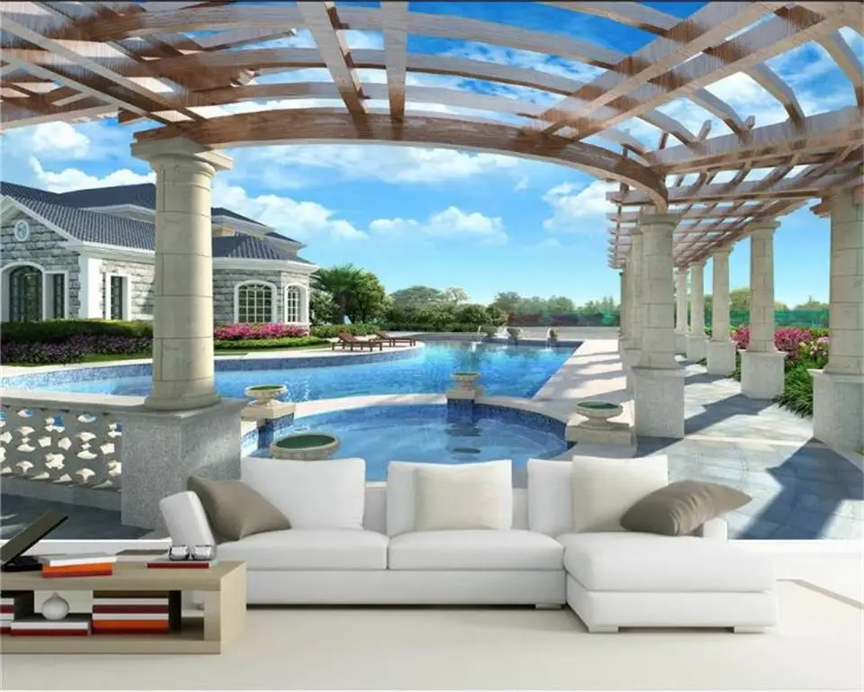 3d фотообои нестандартного размера для гостиной открытый бассейн морской домик