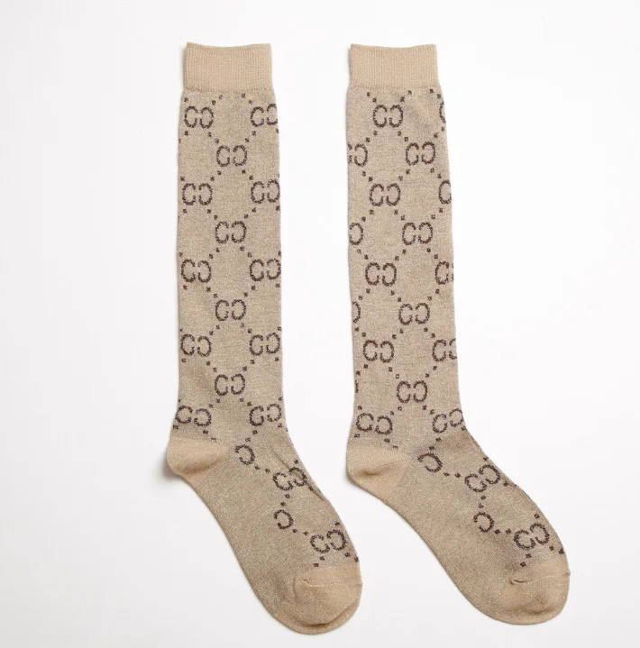 KHAKI KNEE HIGH C Зимние женские чулки с перекрестными коленями, модные женские чулки с золотыми буквами, дамский чулок с высоким голенищем - Цвет: KHAKI KNEE HIGH C