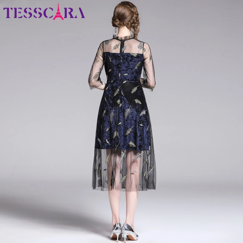 Tesscara Для женщин Элегантная Вышивка Вечерние платье Festa женский высокое качество бархатный халат Femme перо дизайнерское платье в сетку, Vestidos