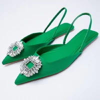 2022 summer new green single shoes women brethable fashion pointed toe flat sexy rhinestone muller sandals and slippers luxury