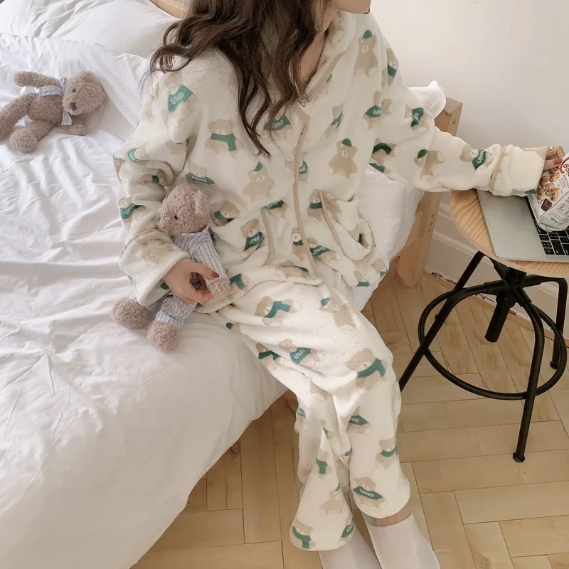 

Фланелевая зимняя утепленная теплая Пижама, комплект одежды для сна с мультяшным принтом медведя, комплект из 2 предметов, домашняя одежда, белые пижамы, домашняя одежда ins L808