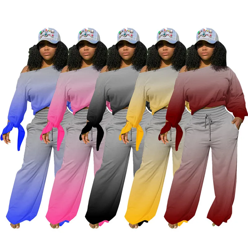 

2 Piece Set Women Gradient Print Bow Long Sleeve Top Flared Pants Sweatsuit Outfits Lace Up Matching Set Wholesale Dropshipping