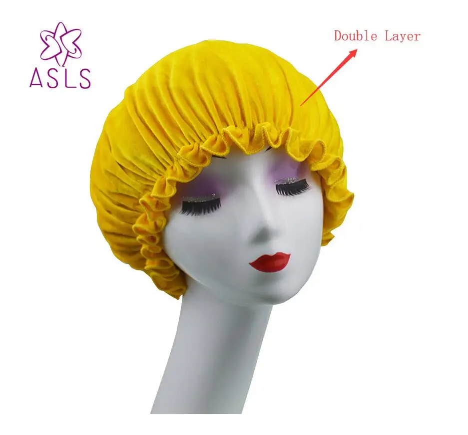 Новинка Женская двухслойная шляпа для сна бархатная с атласной подкладкой |