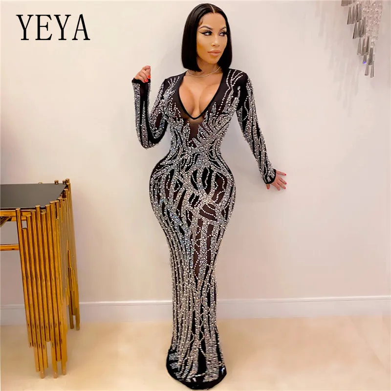 

KEXU Shiny Rhinestones Maxi Dress Sexy Sheer Mesh Party Diamond Dress Long Sleeve Back Split See Through Night Club Vestidos