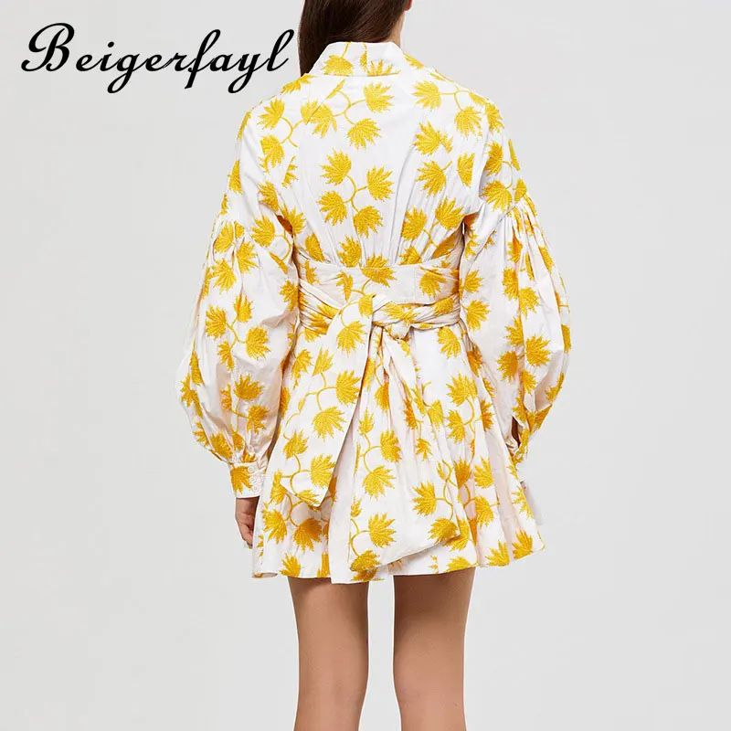 Beigerfayl Summer Vintage Yellow Maple Leaf Print Embroidery Women Dress V Neck Lantern Sleeve High Waist A-line TDR19784 | Женская