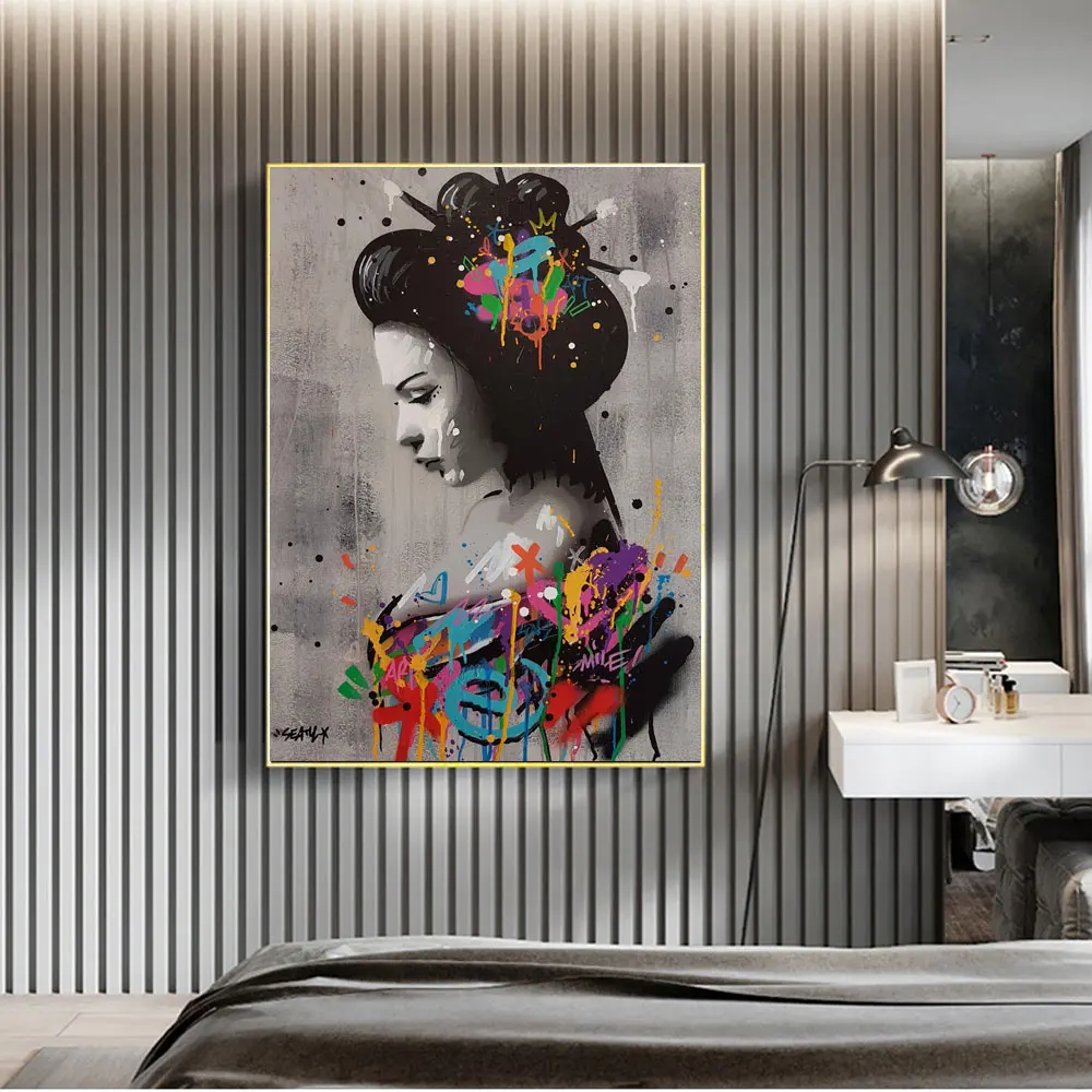 

Japanese Geisha Graffiti Art Canvas Paintings on the Wall Art Posters and Prints Sexy Woman Art Pictures Home Wall Decoration