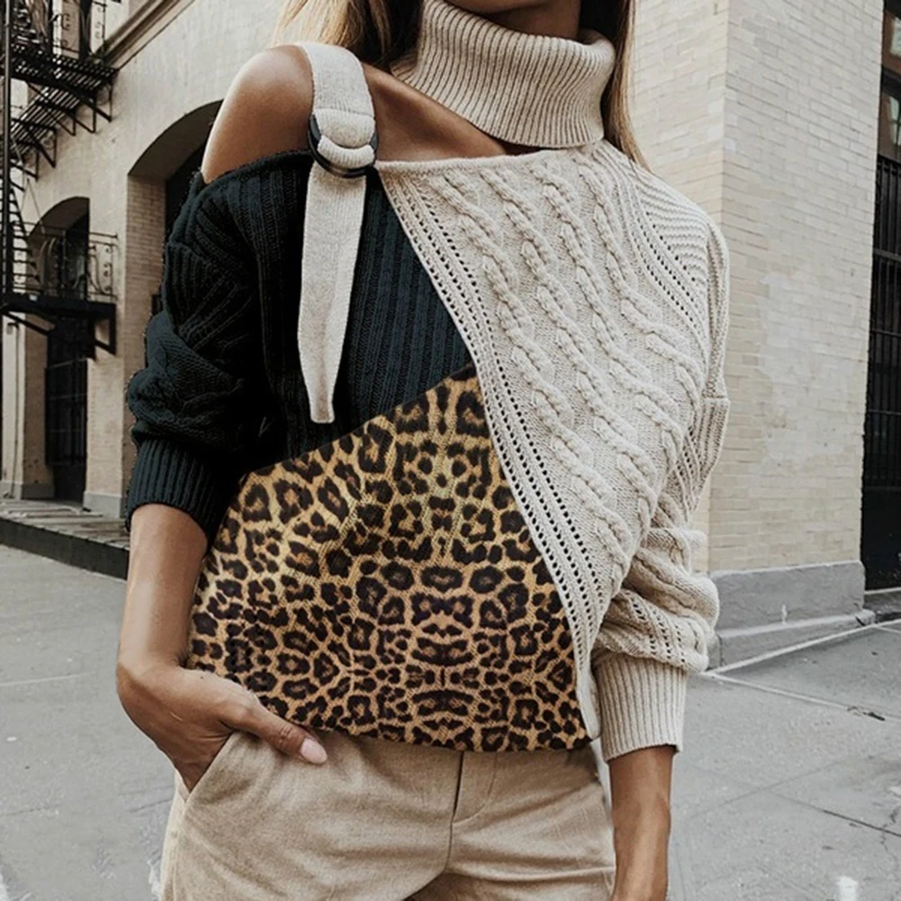 OEAK Sexy Off Shoulder Turtleneck Warm Sweater Women Patchwork Knitted Pullovers Autumn Winter Ribbed Tops Jumper | Женская одежда