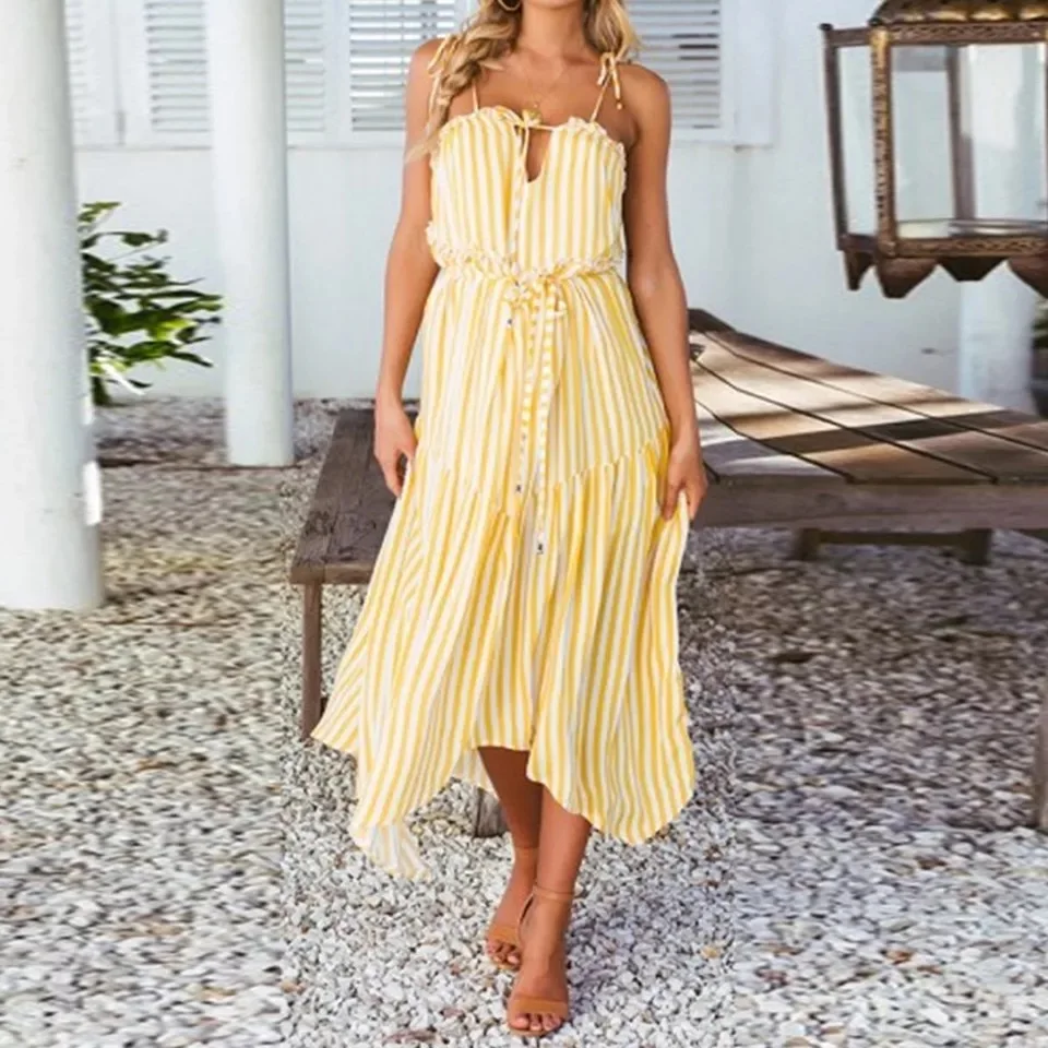 

CAWA Fashion StylishBar Women Sexy Off Shoulder Halter Stripe Dress Lady Long Boho Beach Casual Sleeveless Elegant Party Dress