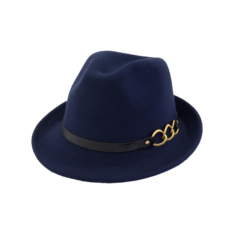 Navy fedora FS, мужские, женские, шерстяные шапки-трилби с цепочкой на поясе, цвета хаки, красные, черные, зимние, Осенние, рулонные, для официальных вечеринок, шерстяные фетровые шляпы, унисекс - Цвет: Navy fedora