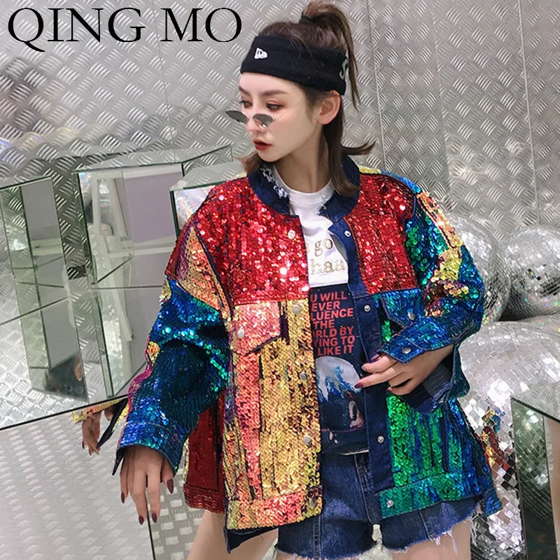 Женское джинсовое пальто QING MO повседневное Свободное в стиле пэчворк с блестками