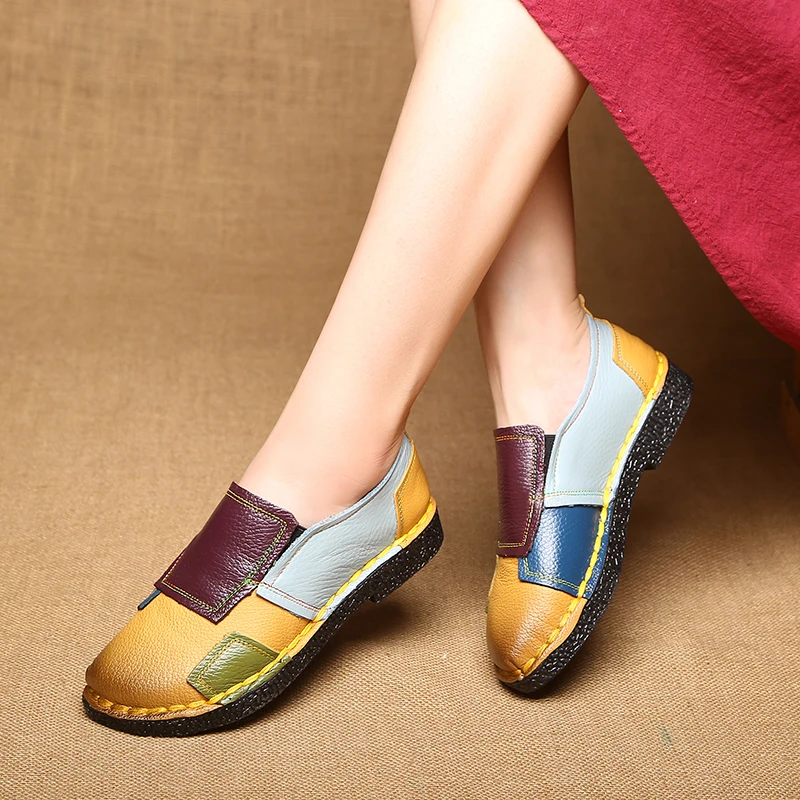 

DRKANOL 2020 Vintage Genuine Leather Women Flat Shoes Slip On Flats Loafers Handmade Mixed Colors Pregnant Women Casual Shoes