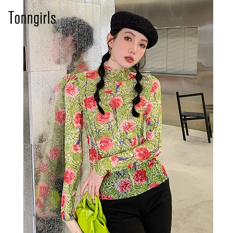 

Tonngirls Turtleneck Green Mesh Tops Long Sleeve See Thought Tops Y2k Floral T-shirt Spring Female Tee Tops Streetwear New 2021